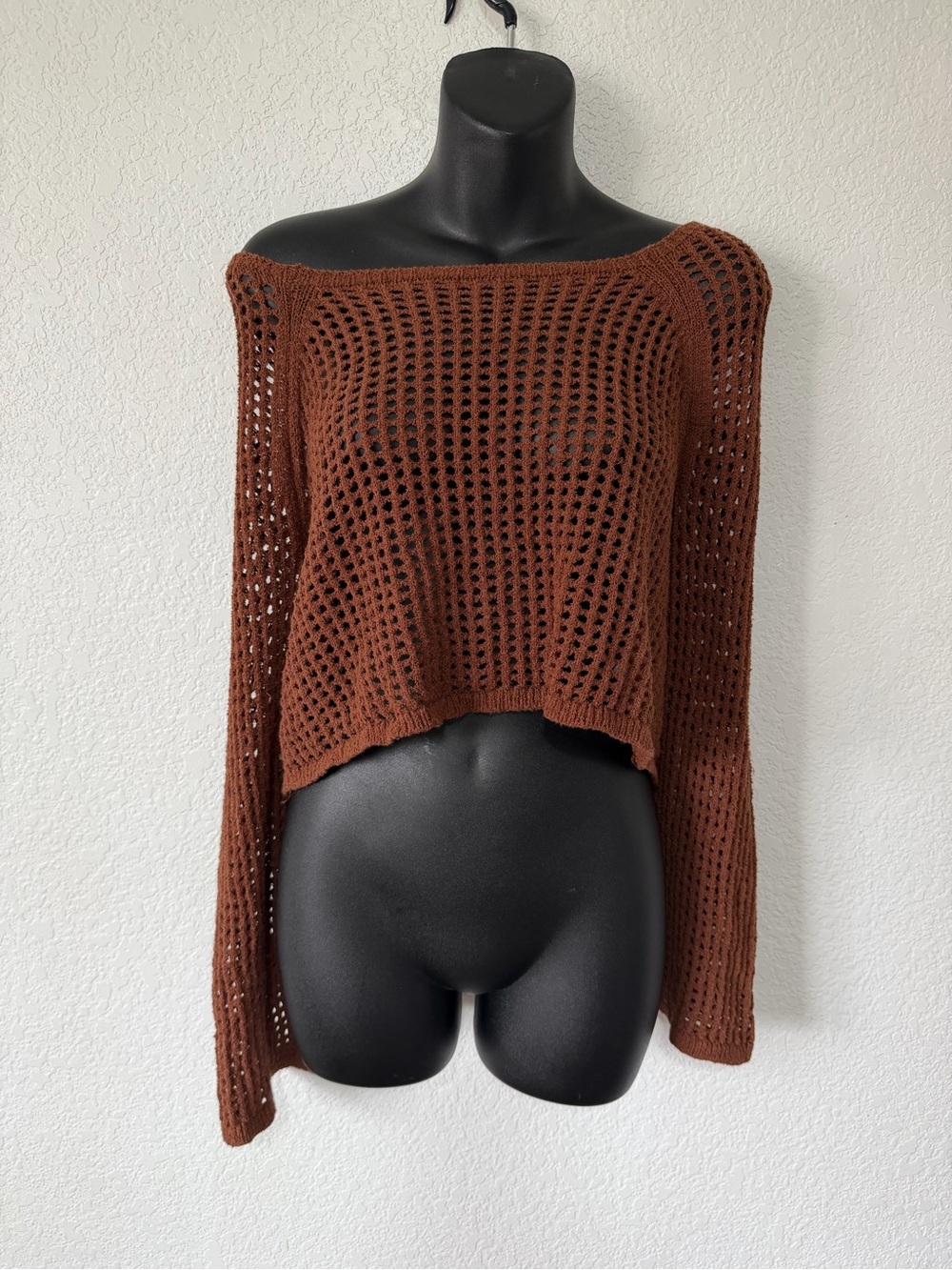 Earth Toned Brown Open-Knit Cropped Sweater